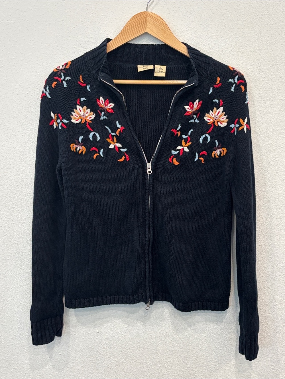 Women’s Fall Sweater Leaves Floral Embroidery Navy Zip Cardigan Size S
